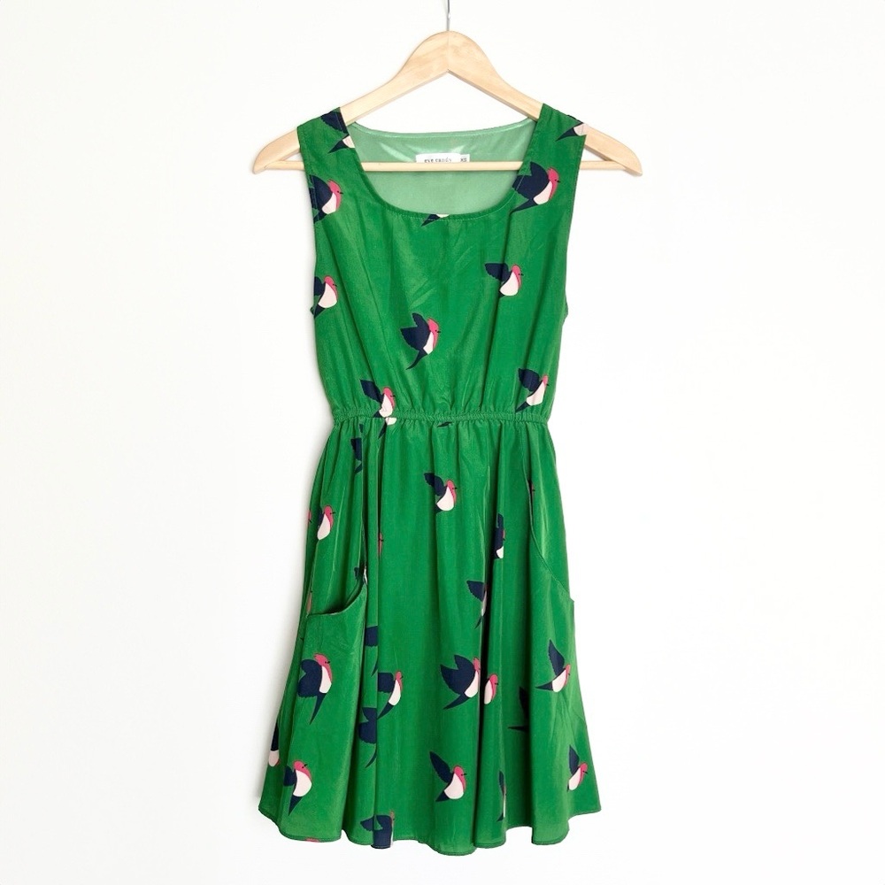 Eye Candy Sleeveless A-Line Mini Dress with Pockets in Green Birds Print
